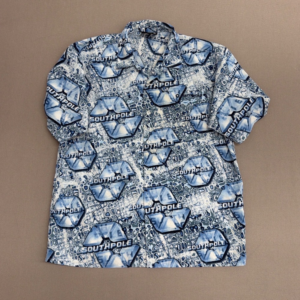 Southpole Mens XL Blue White Graphic Print Short Sleeve‎ Button Down Shirt Y2K